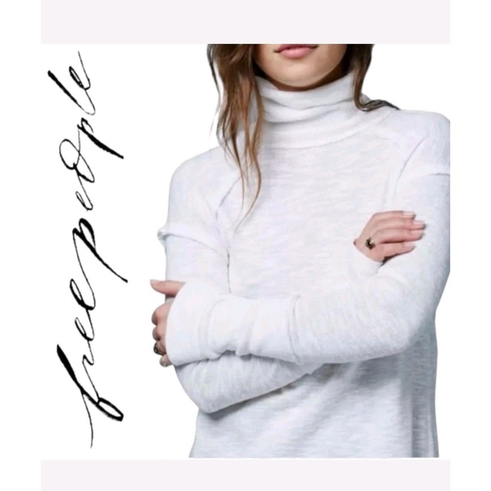 Free People We the Free Split Back Turtleneck Sweater Ivory Raw Hem L Boho NWT